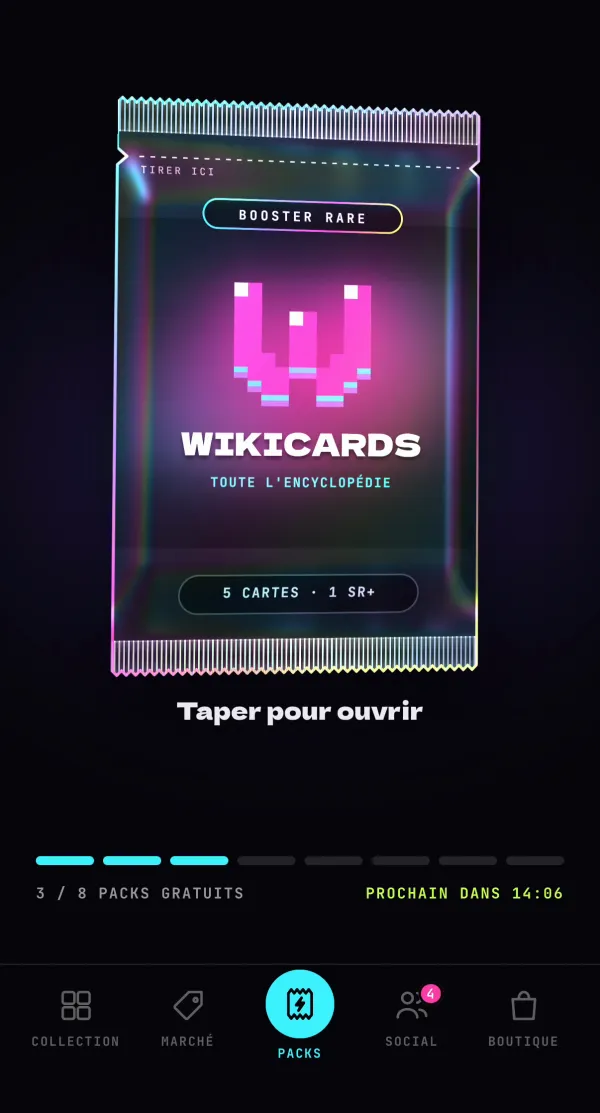 Écran Boosters de l’app : un booster en 3D prêt à être ouvert.
