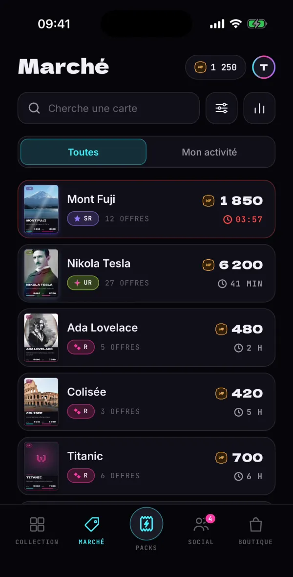 Écran Marché de l’app : la liste des enchères en cours, avec les prix et le temps restant.